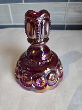 L. E. Smith Moon & Stars Iridescent Purple Carnival Glass Candlestick